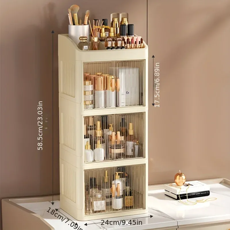 Organisateur de maquillage pliable à 3 à 4 niveaux avec tiroir – Rangement spacieux pour cosmétiques, bijoux, parfums, rouges à lèvres, pinceaux de maquillage, papeterie et articles de salle de bain. Facile à assembler, design compact. 9