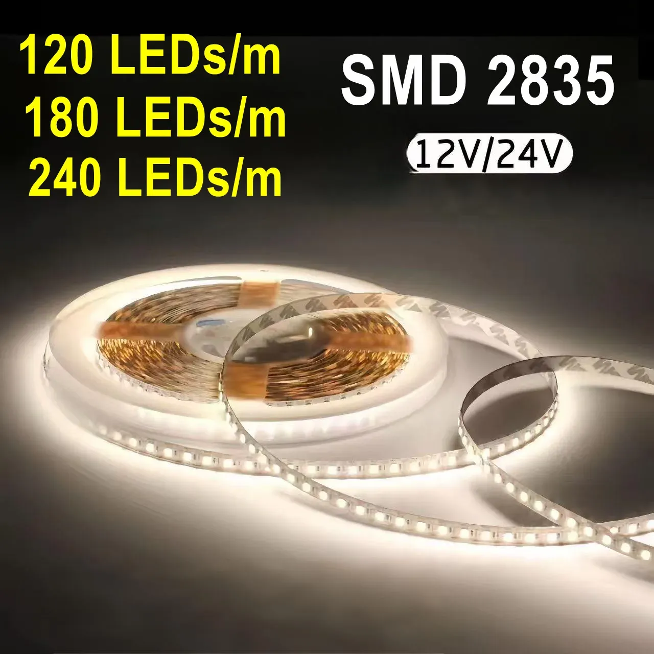 Bande LED flexible 12V/24V SMD 2835, 6000K/3000K blanc chaud, 120 LEDs/m et 240 LEDs/m, circuit imprimé 8 mm/10 mm, pour éclairage