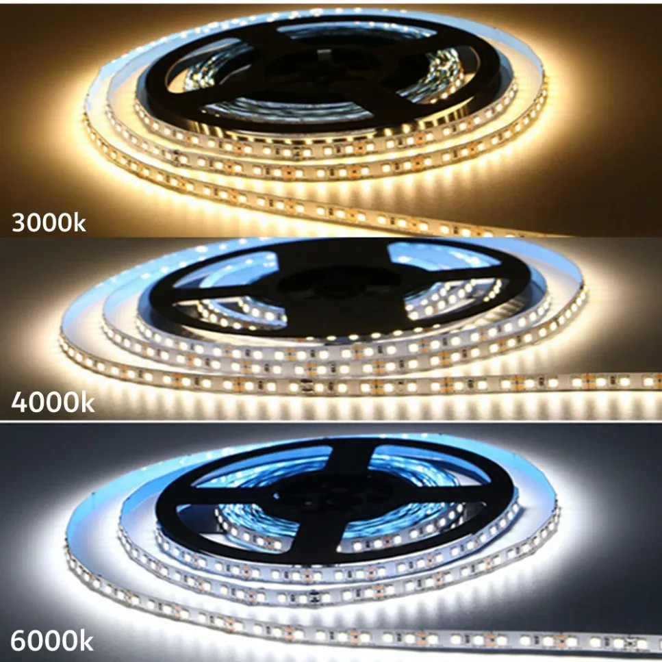 Bande LED flexible 12V/24V SMD 2835, 6000K/3000K blanc chaud, 120 LEDs/m et 240 LEDs/m, circuit imprimé 8 mm/10 mm, pour éclairage 4