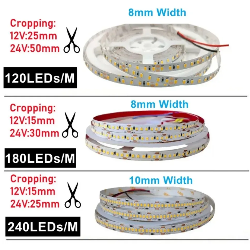 Bande LED flexible 12V/24V SMD 2835, 6000K/3000K blanc chaud, 120 LEDs/m et 240 LEDs/m, circuit imprimé 8 mm/10 mm, pour éclairage 6