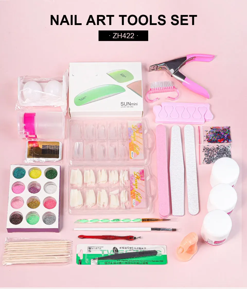Kit de manucure artistique présentant la poudre acrylique et les accessoires de décoration