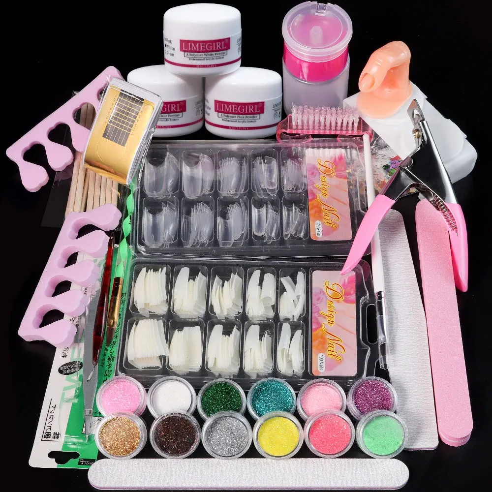Poudre acrylique et monomère liquide pour ongles, kit de décoration artistique avec paillettes en cristal, pointes 3D et outils de sculpture 7