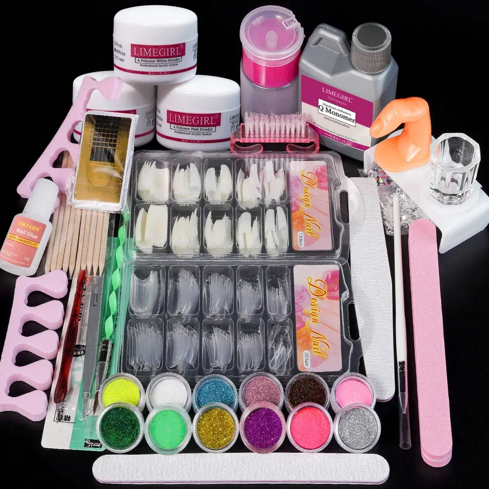 Poudre acrylique et monomère liquide pour ongles, kit de décoration artistique avec paillettes en cristal, pointes 3D et outils de sculpture 8