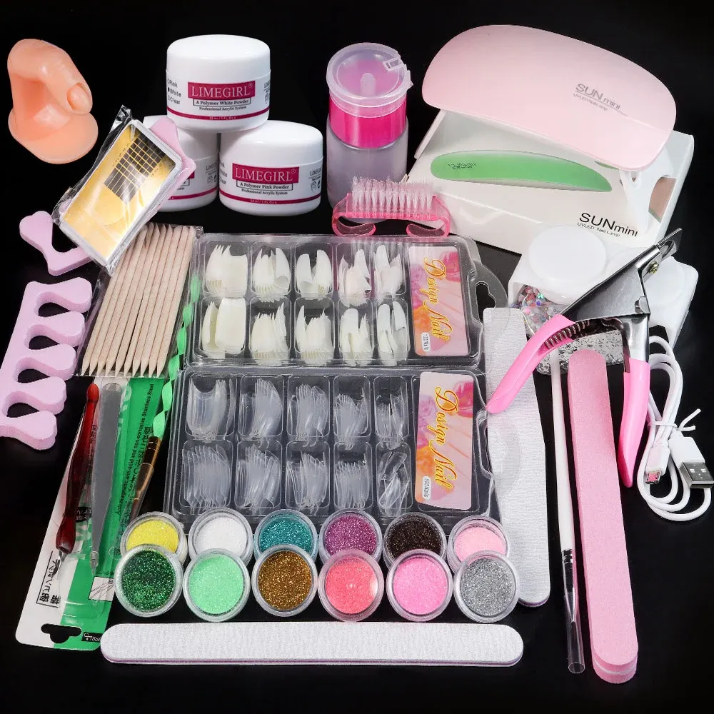 Poudre acrylique et monomère liquide pour ongles, kit de décoration artistique avec paillettes en cristal, pointes 3D et outils de sculpture 9