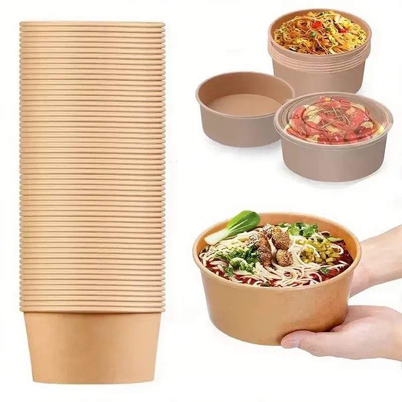 Bols ronds en papier kraft avec couvercles, contenants jetables pour salades et nouilles