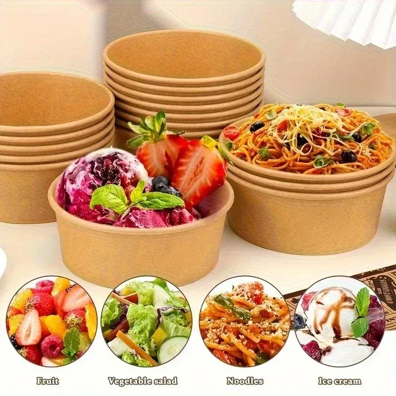 Bols ronds en papier kraft avec couvercles, contenants jetables pour salades et nouilles 4