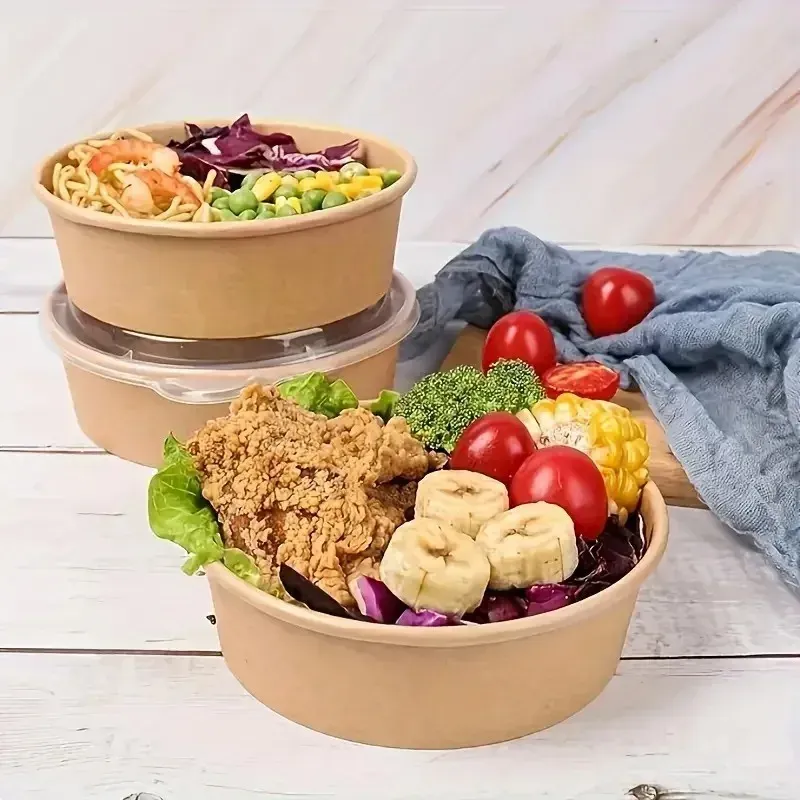 Bols ronds en papier kraft avec couvercles, contenants jetables pour salades et nouilles 6