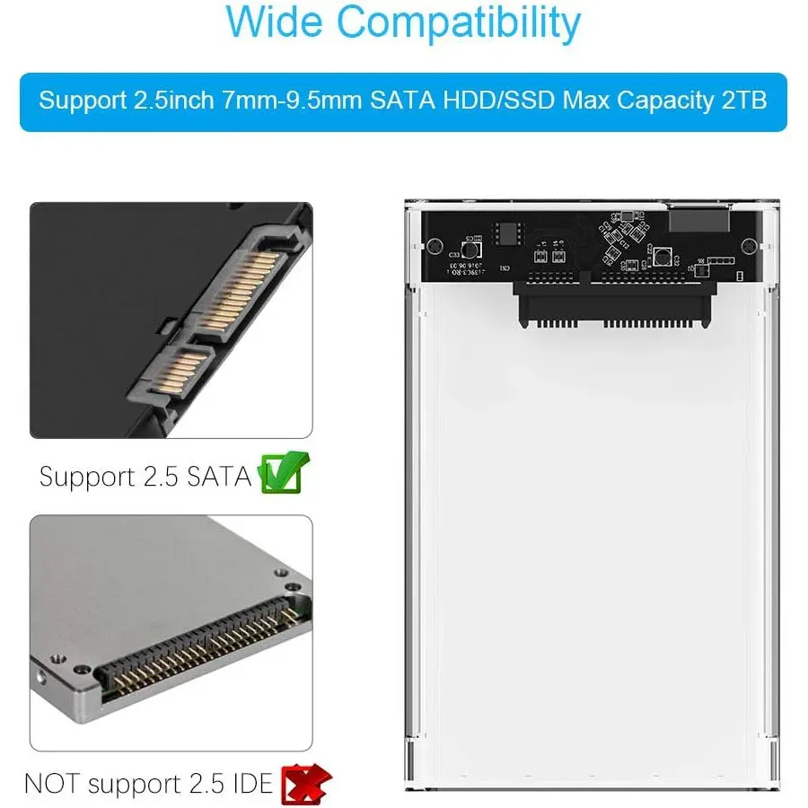 Boîtier de disque dur externe SATA vers USB 3.0, 2,5 pouces, UASP, transparent, portable, compatible disque dur 2 To, sans outil 3