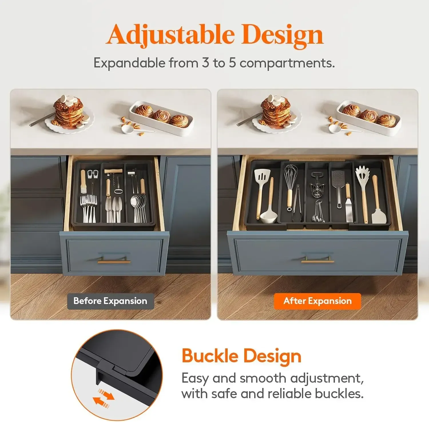 Organisateur de tiroir pour argenterie de cuisine, plateau extensible et réglable pour couverts, cuillères, fourchettes et couteaux 5