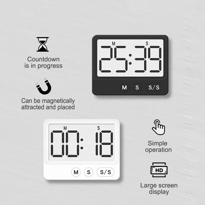 Minuteur numérique de cuisine magnétique à compte à rebours silencieux, grand écran LCD, jusqu'à 99 min 59 s