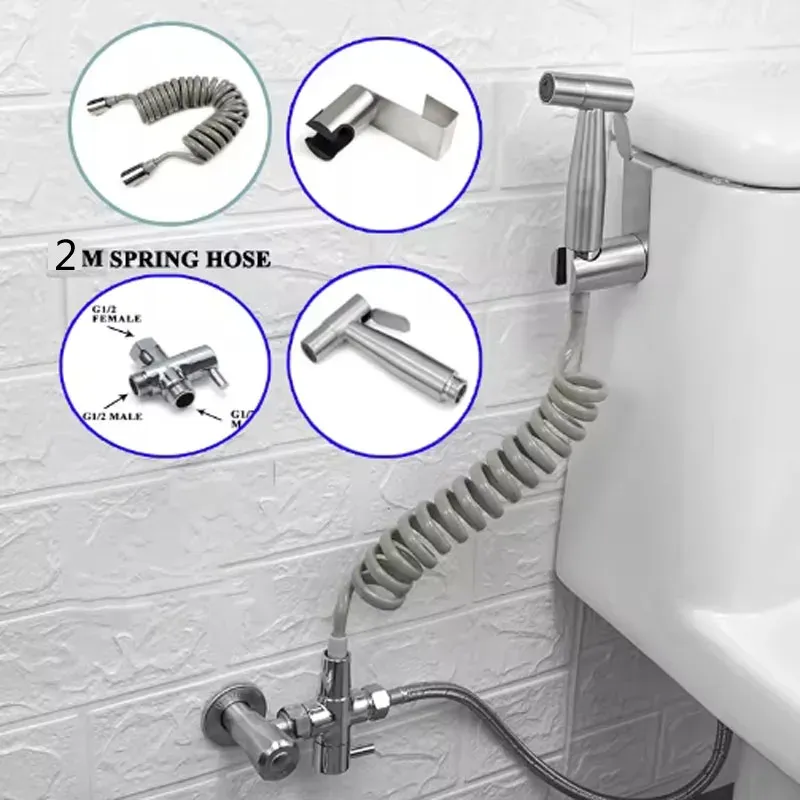 Pulvérisateur de bidet portable avec support, fonction autonettoyante, vanne 3 voies, flexible et pommeau de douche 5