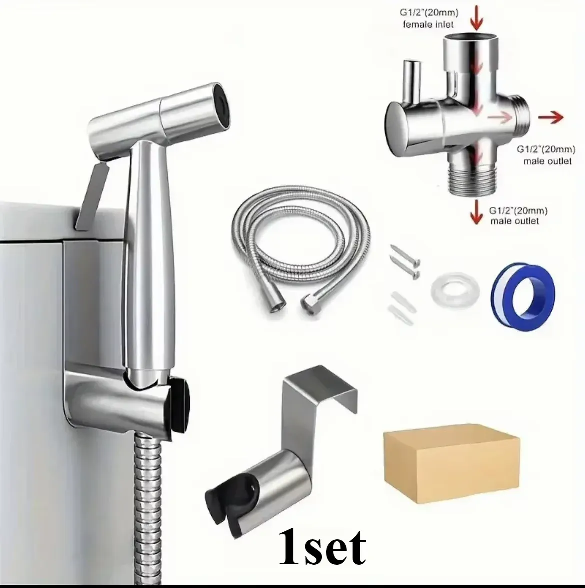 Pulvérisateur de bidet portable avec support, fonction autonettoyante, vanne 3 voies, flexible et pommeau de douche 8