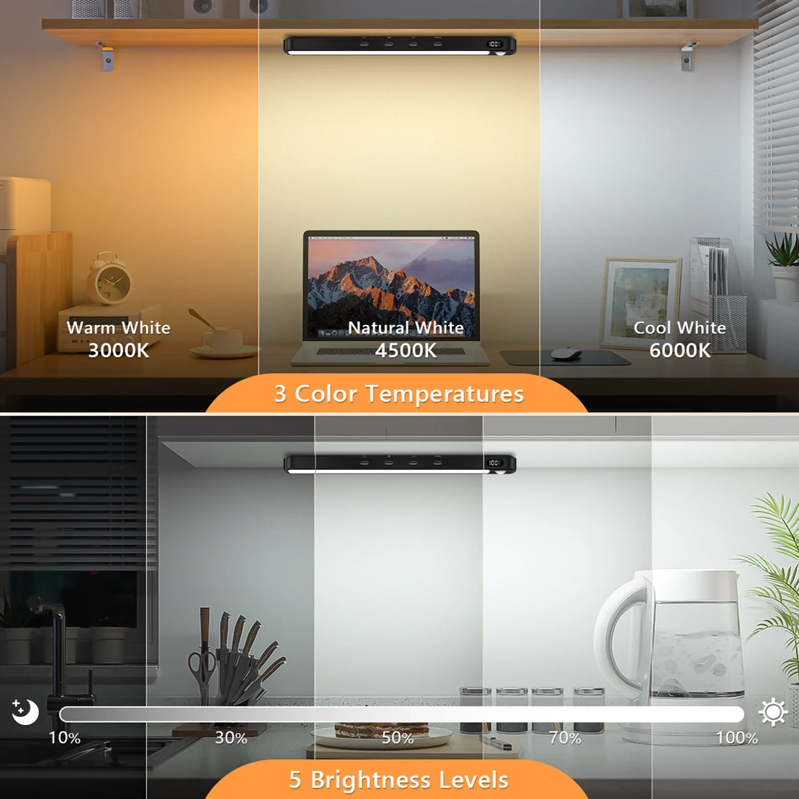 WILLED – Lampe d'armoire à détecteur de mouvement, rechargeable, 3 couleurs, barre lumineuse magnétique à intensité variable, veilleuse pour armoire, placard et bureau 4