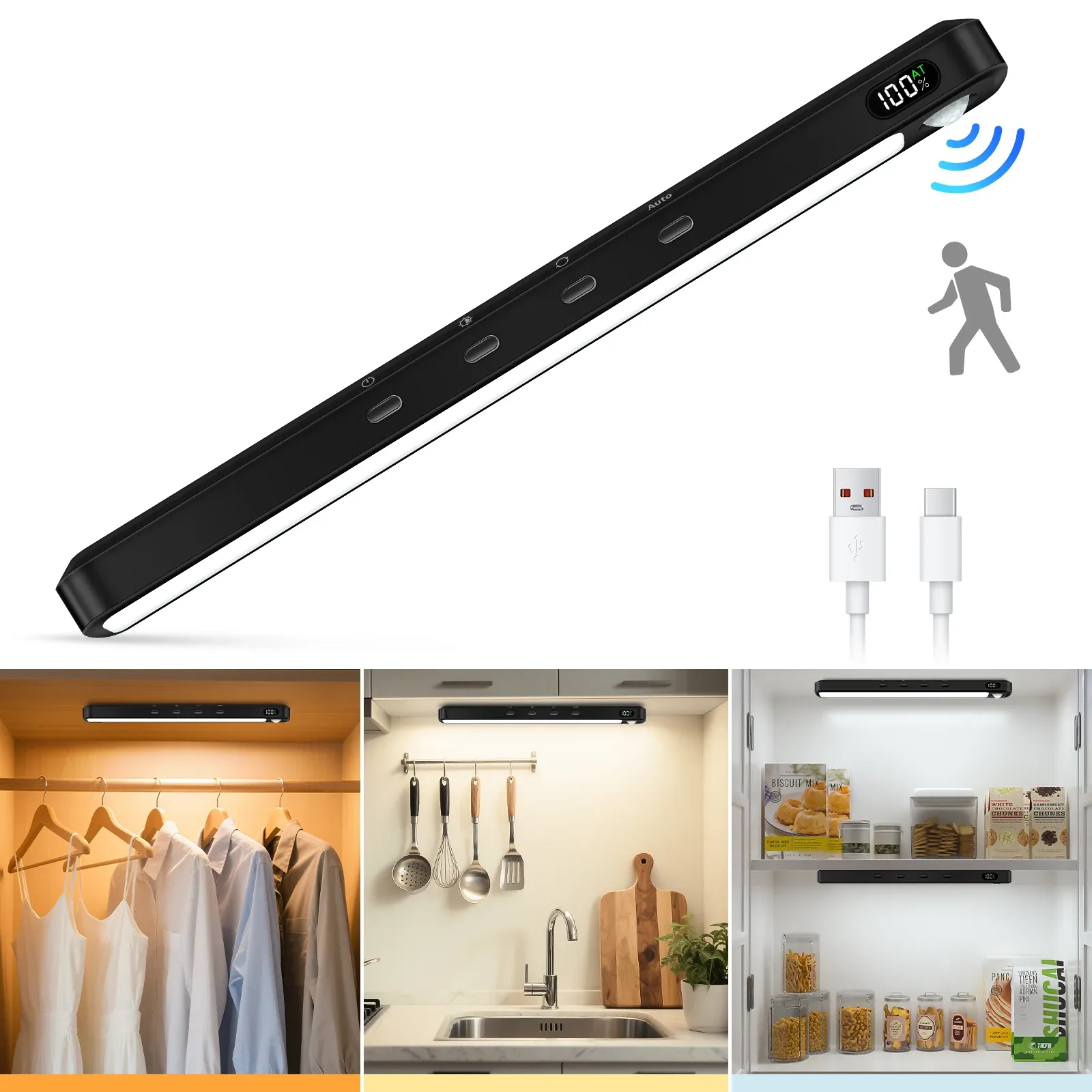 WILLED – Lampe d'armoire à détecteur de mouvement, rechargeable, 3 couleurs, barre lumineuse magnétique à intensité variable, veilleuse pour armoire, placard et bureau 8