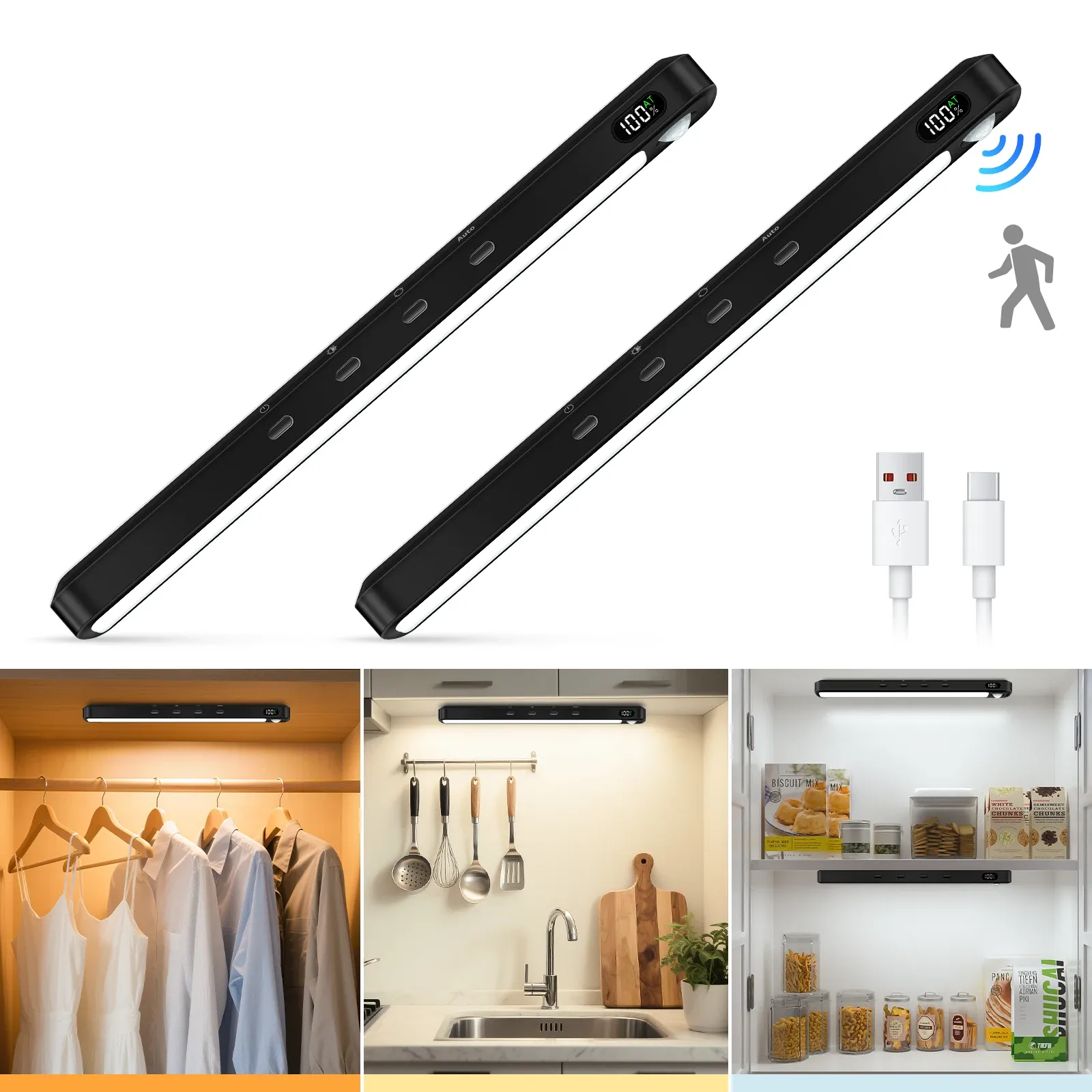 WILLED – Lampe d'armoire à détecteur de mouvement, rechargeable, 3 couleurs, barre lumineuse magnétique à intensité variable, veilleuse pour armoire, placard et bureau 7