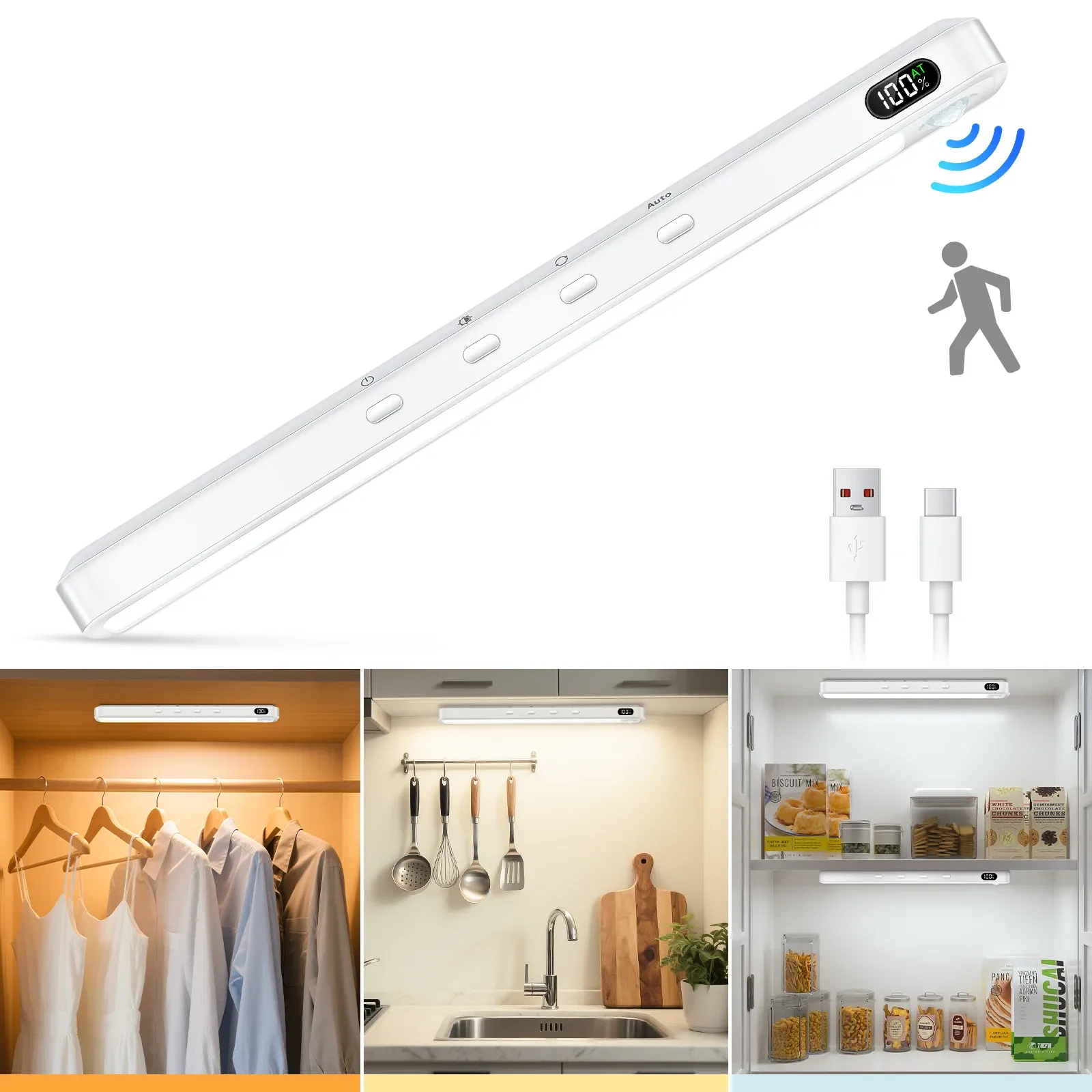 WILLED – Lampe d'armoire à détecteur de mouvement, rechargeable, 3 couleurs, barre lumineuse magnétique à intensité variable, veilleuse pour armoire, placard et bureau 10