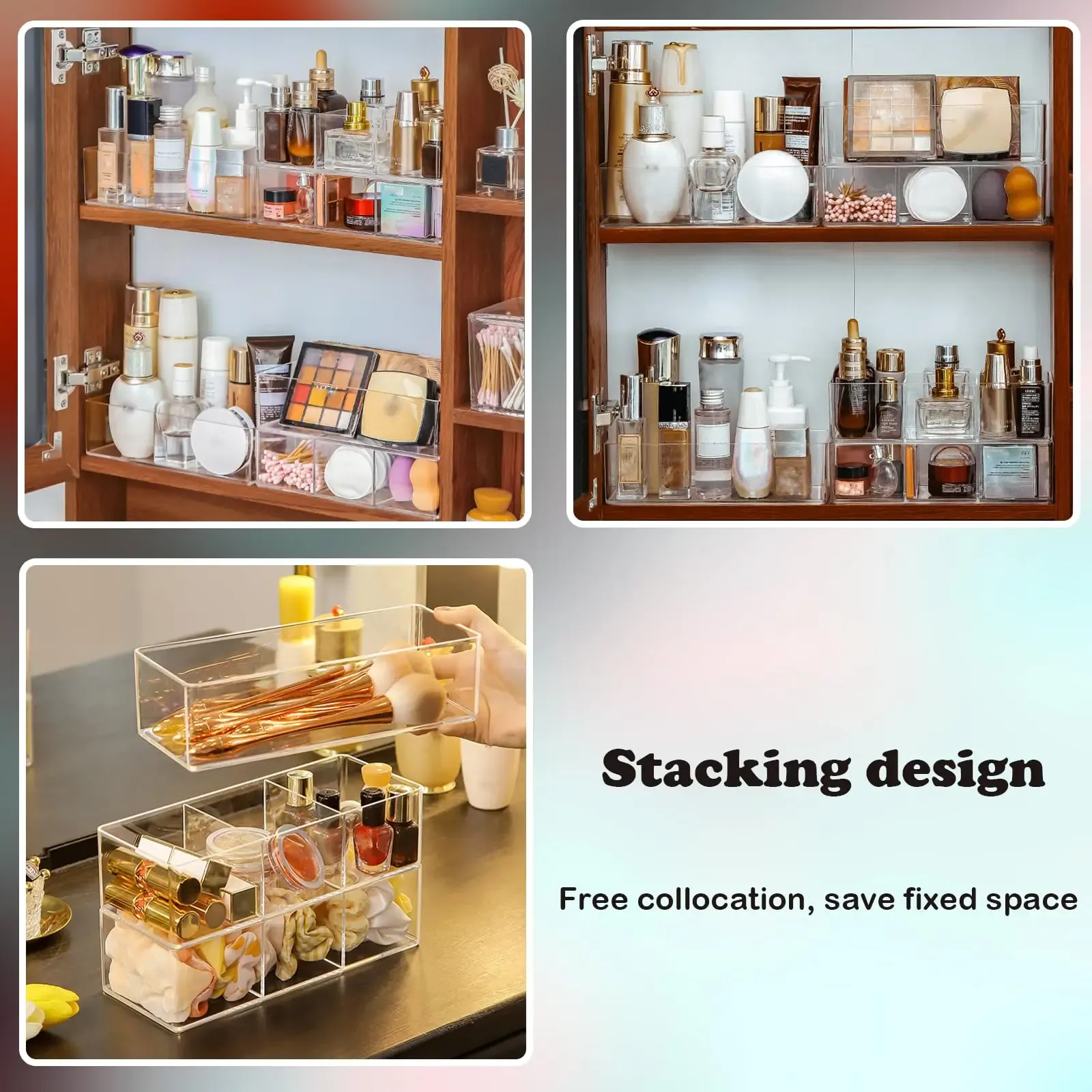 Organisateur de maquillage pour tiroir, organisateur pour coiffeuse, comptoir, salle de bain, cuisine et armoires, boîtes de rangement 4