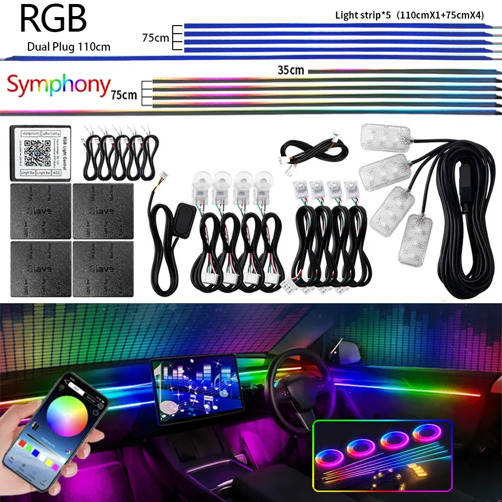 Lumière d'ambiance LED universelle pour voiture RGB 64 couleurs, bande acrylique, décoration intérieure de tableau de bord