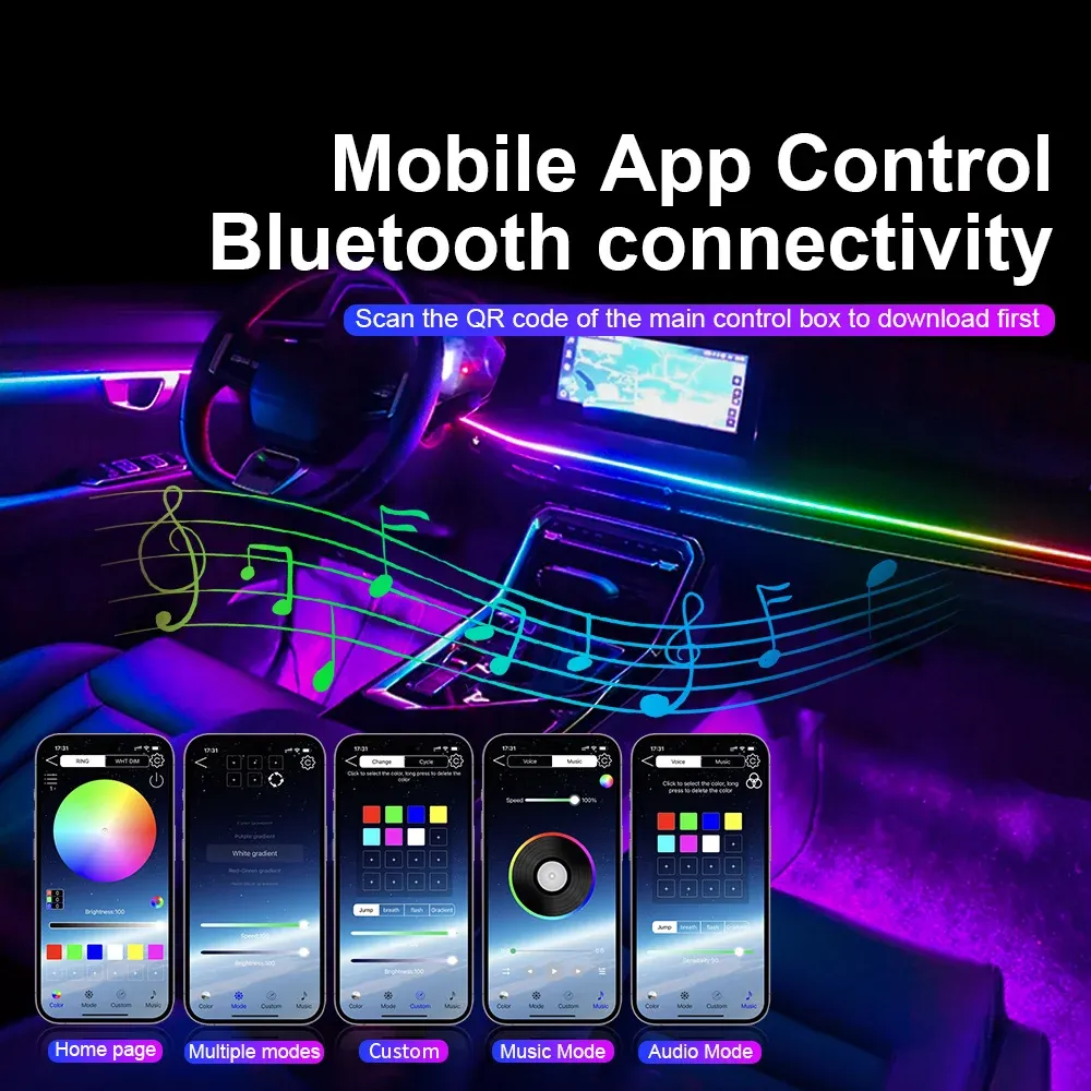 Lumière d'ambiance LED universelle pour voiture RGB 64 couleurs, bande acrylique, décoration intérieure de tableau de bord 3