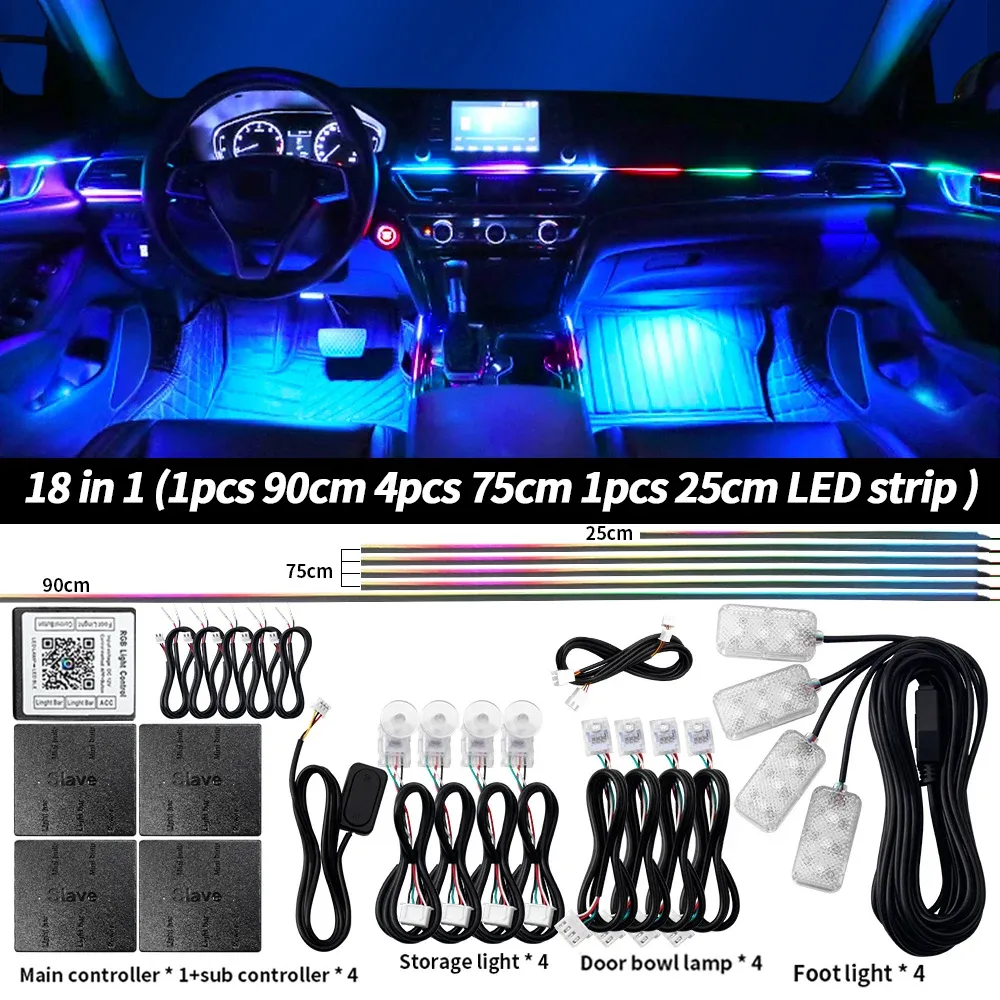 Lumière d'ambiance LED universelle pour voiture RGB 64 couleurs, bande acrylique, décoration intérieure de tableau de bord 14