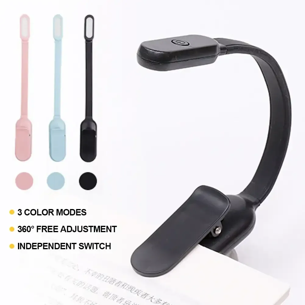 Lampe de lecture LED USB mini à pince, rechargeable, 3 couleurs de lumière et luminosité réglable, idéale pour la lecture nocturne, l'étude et les voyages 2