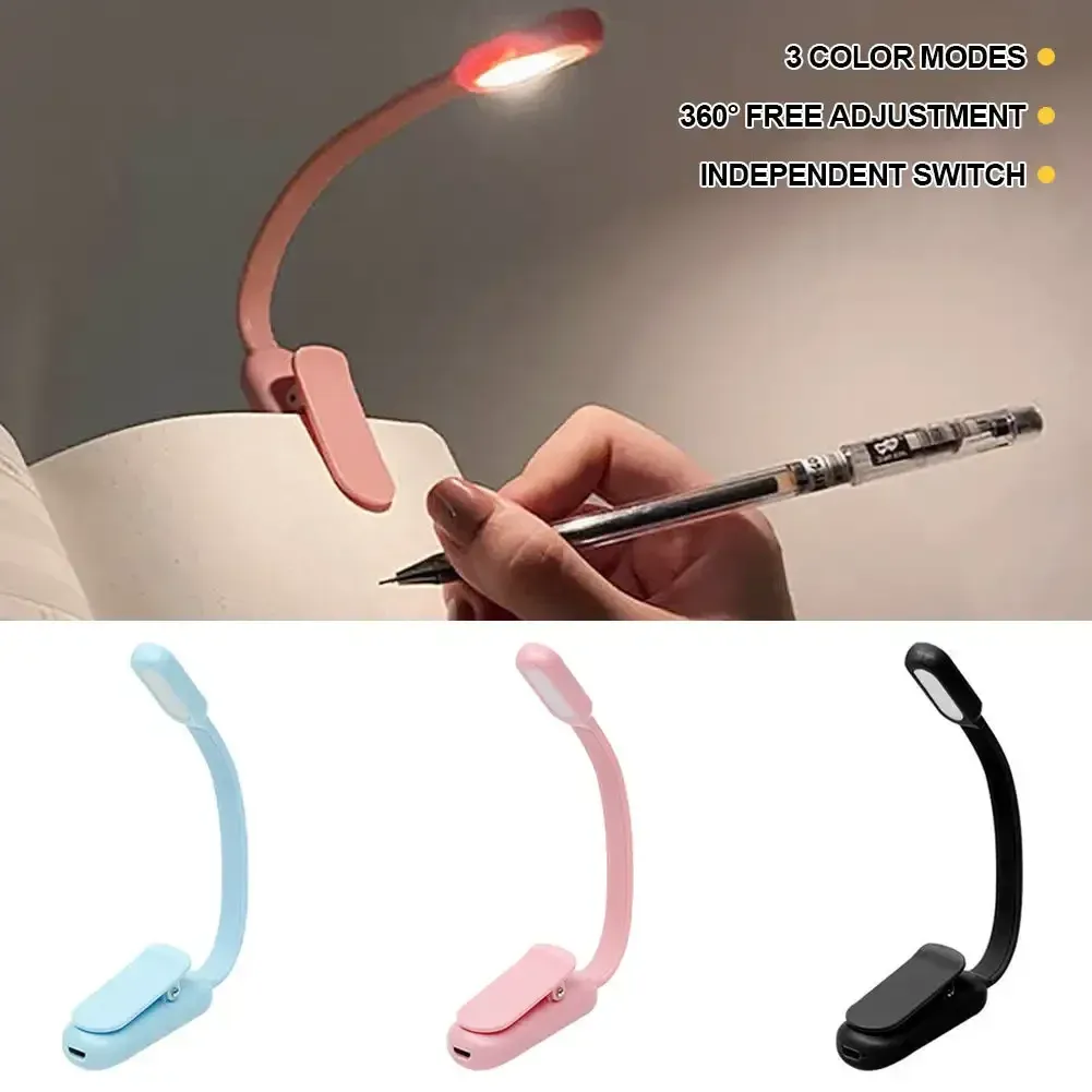 Lampe de lecture LED USB mini à pince, rechargeable, 3 couleurs de lumière et luminosité réglable, idéale pour la lecture nocturne, l'étude et les voyages