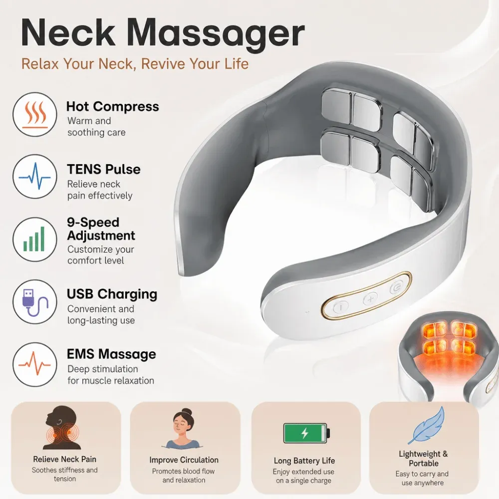 Masseur cervical intelligent à 8 têtes avec compresse chaude, ergonomique et portable pour un usage à domicile