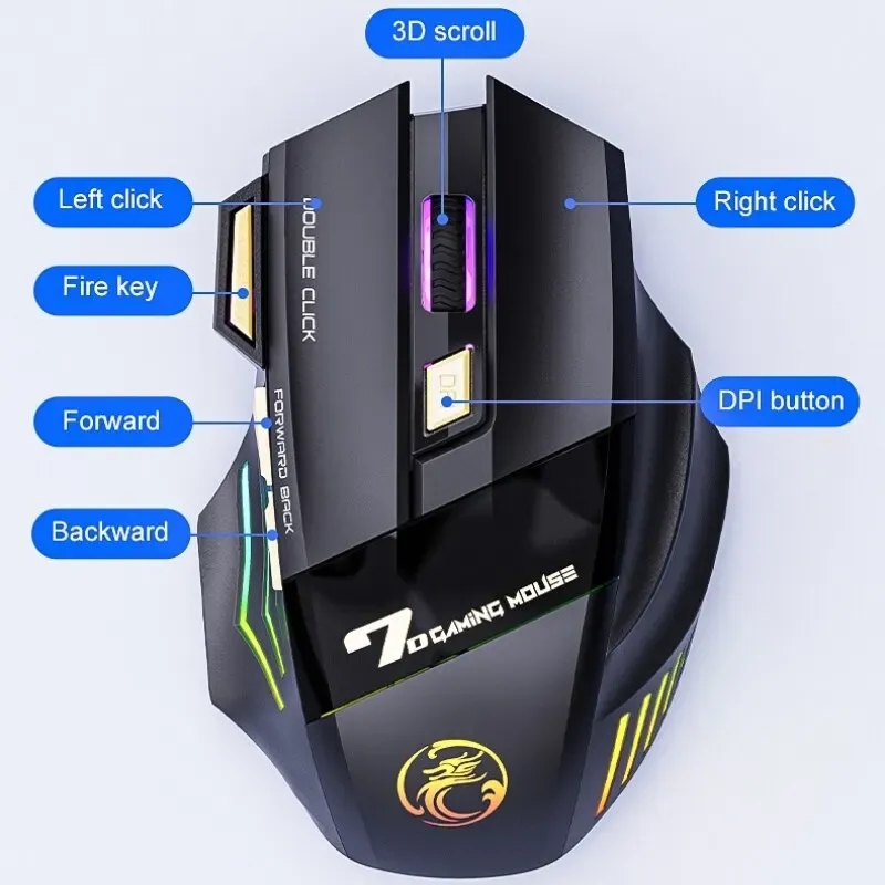 Souris de jeu sans fil USB IMICE GW-X7, 3200 DPI, mode silencieux, rechargeable, Bluetooth, 7 couleurs LED 2