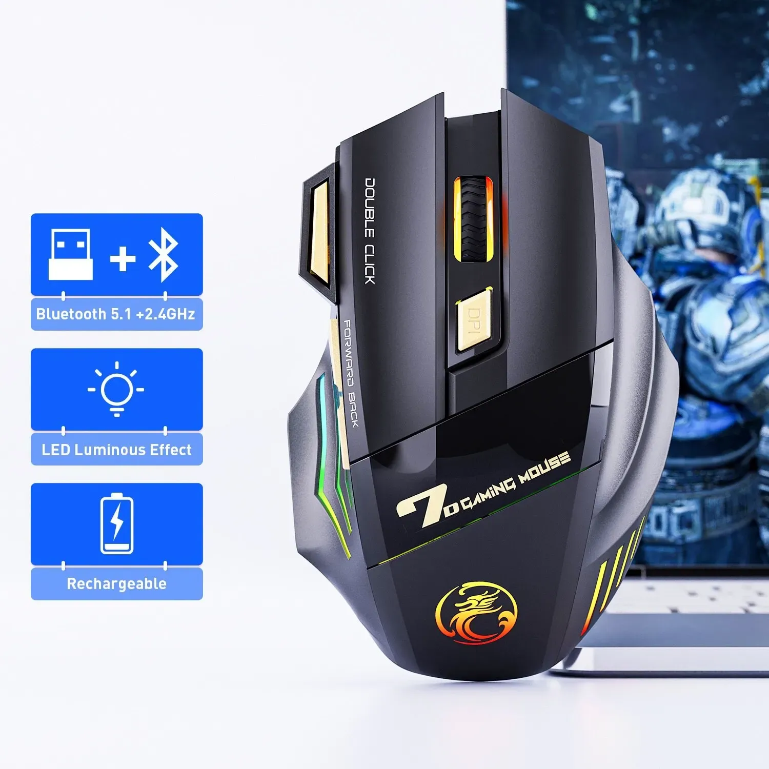 Souris de jeu sans fil USB IMICE GW-X7, 3200 DPI, mode silencieux, rechargeable, Bluetooth, 7 couleurs LED 7