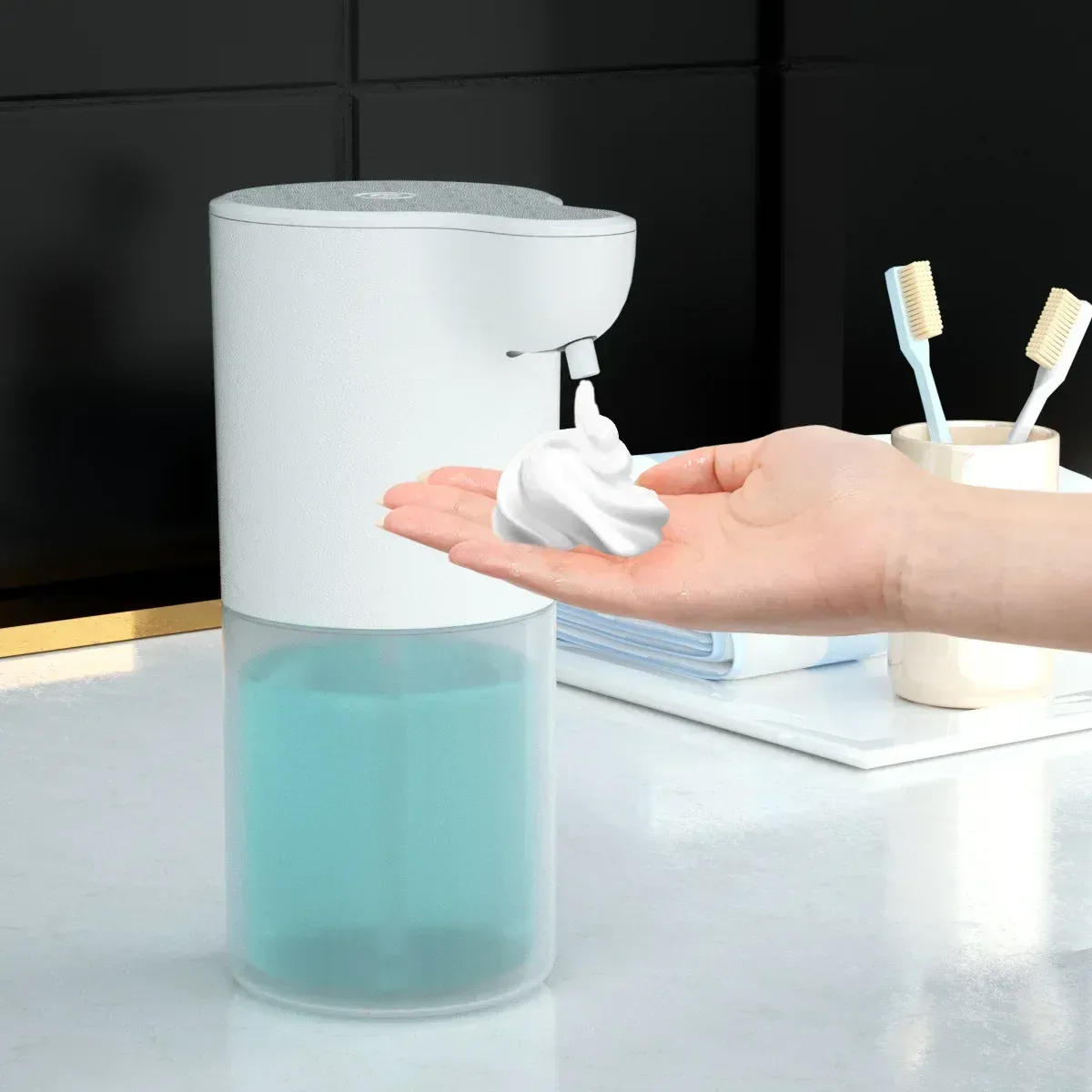 Distributeur automatique de savon mousse sans contact, capteur infrarouge, rechargeable via USB-C, pour cuisine, salle de bains et usage commercial 3