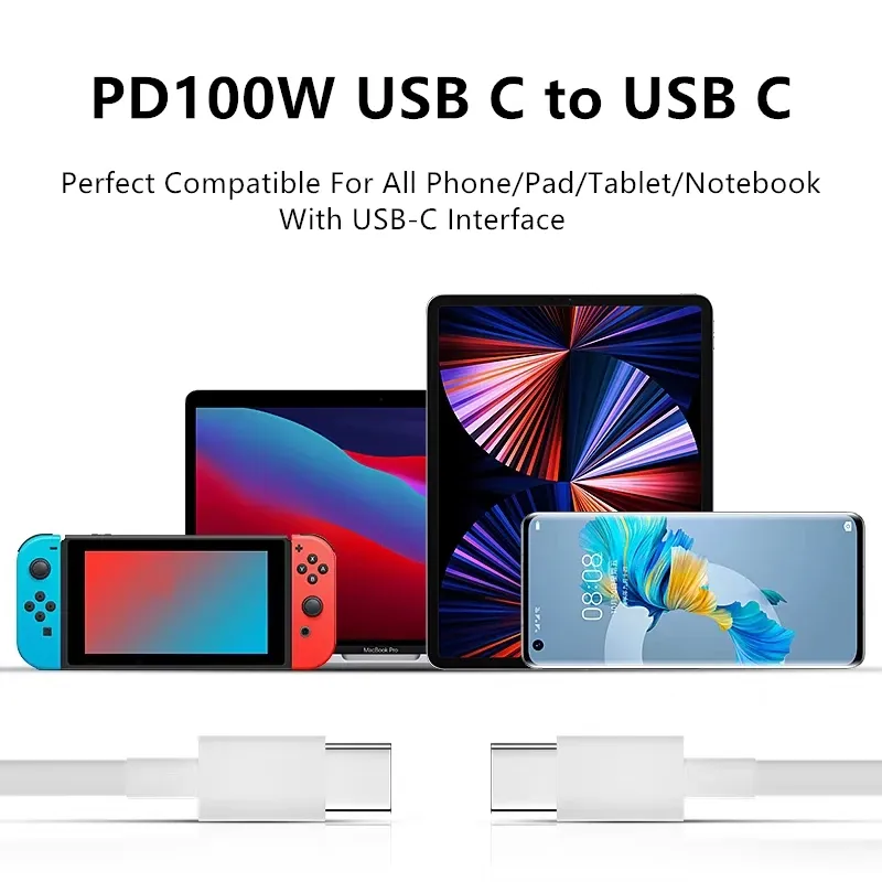 Câble USB-C vers USB-C Power Delivery 100 W pour iPhone 16 Plus, iPhone 15 Pro Max, Samsung, Huawei, Xiaomi, Realme, iQOO et POCO 6
