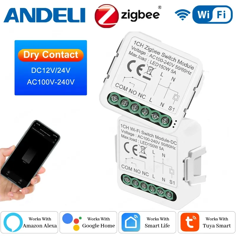 Module relais intelligent WiFi et Zigbee à contact sec pour maison connectée, alimentation DC 12/24 V et AC 100-240 V, compatible Alexa et Google Home 1