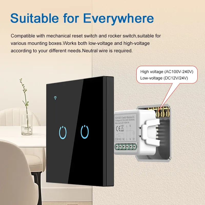 Module relais intelligent WiFi et Zigbee à contact sec pour maison connectée, alimentation DC 12/24 V et AC 100-240 V, compatible Alexa et Google Home 3