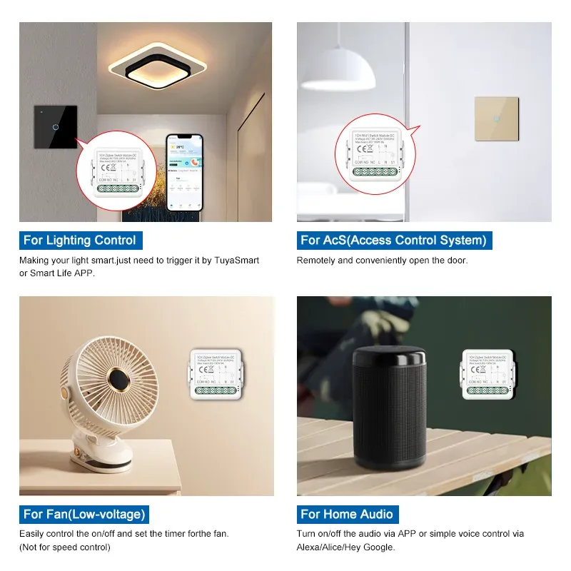 Module relais intelligent WiFi et Zigbee à contact sec pour maison connectée, alimentation DC 12/24 V et AC 100-240 V, compatible Alexa et Google Home 6