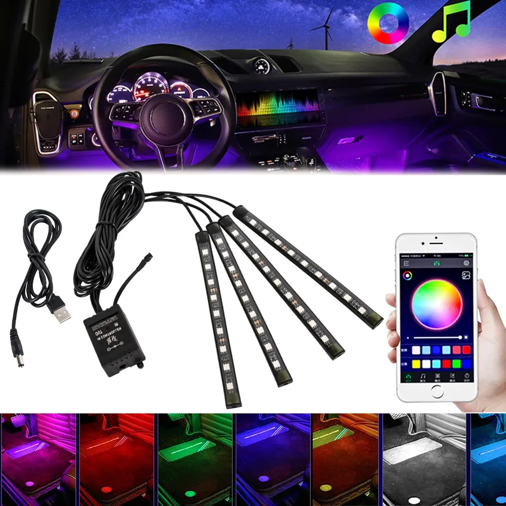 Bande LED RGB d'ambiance pour habitacle de voiture avec allume-cigare USB