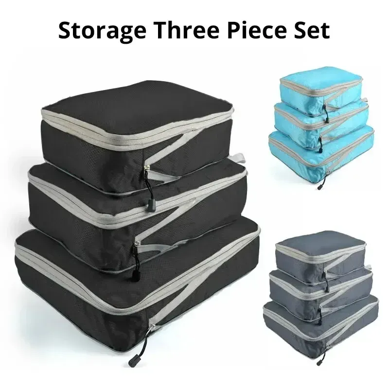 Lot de 3 cubes de rangement de voyage compressibles pour bagages, grande capacité, coloris noir/bleu/gris - Image 1
