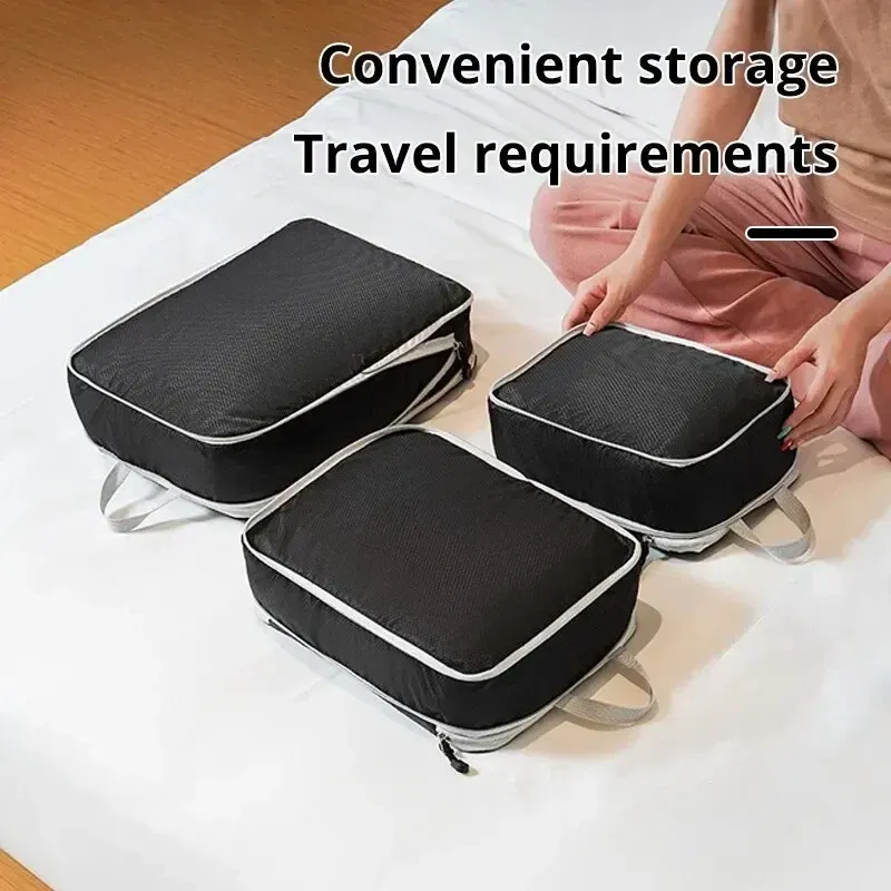 Lot de 3 cubes de rangement de voyage compressibles pour bagages, grande capacité, coloris noir/bleu/gris 2