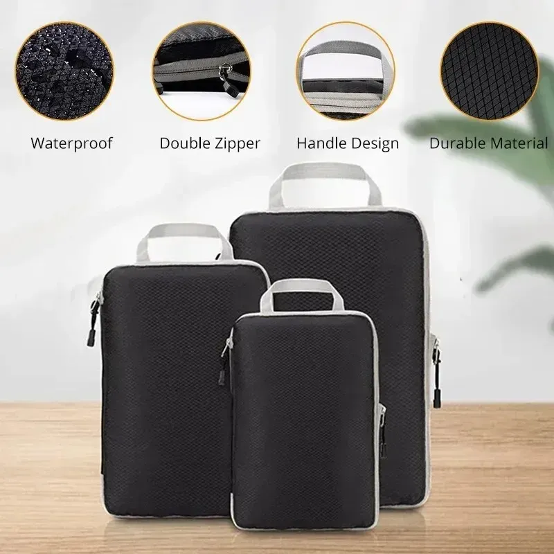 Lot de 3 cubes de rangement de voyage compressibles pour bagages, grande capacité, coloris noir/bleu/gris 5