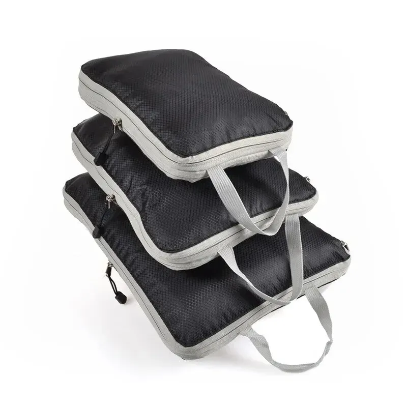 Lot de 3 cubes de rangement de voyage compressibles pour bagages, grande capacité, coloris noir/bleu/gris 7