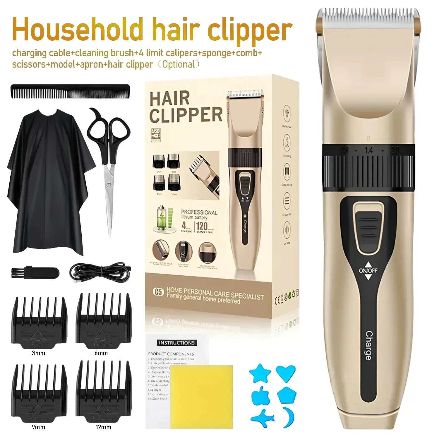 Ensemble de tondeuse à cheveux électrique silencieuse, autonomie prolongée, rechargeable par USB 1