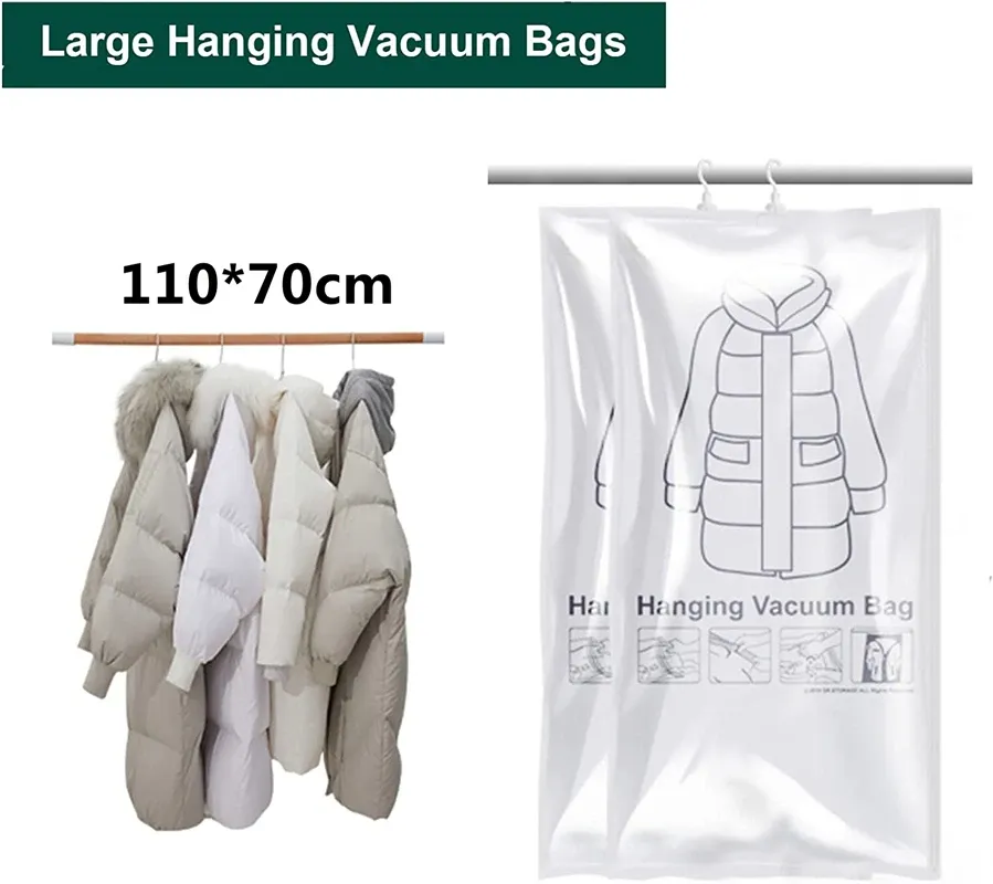 Sacs de rangement sous vide suspendus avec cintre, sans pompe, transparents, gain de place pour garde-robe 9