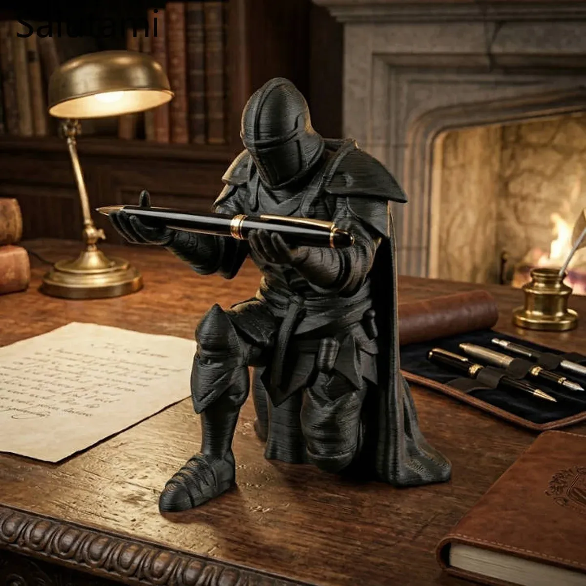 Porte-stylo chevalier médiéval imprimé en 3D, statue de guerrier noir et argenté 6