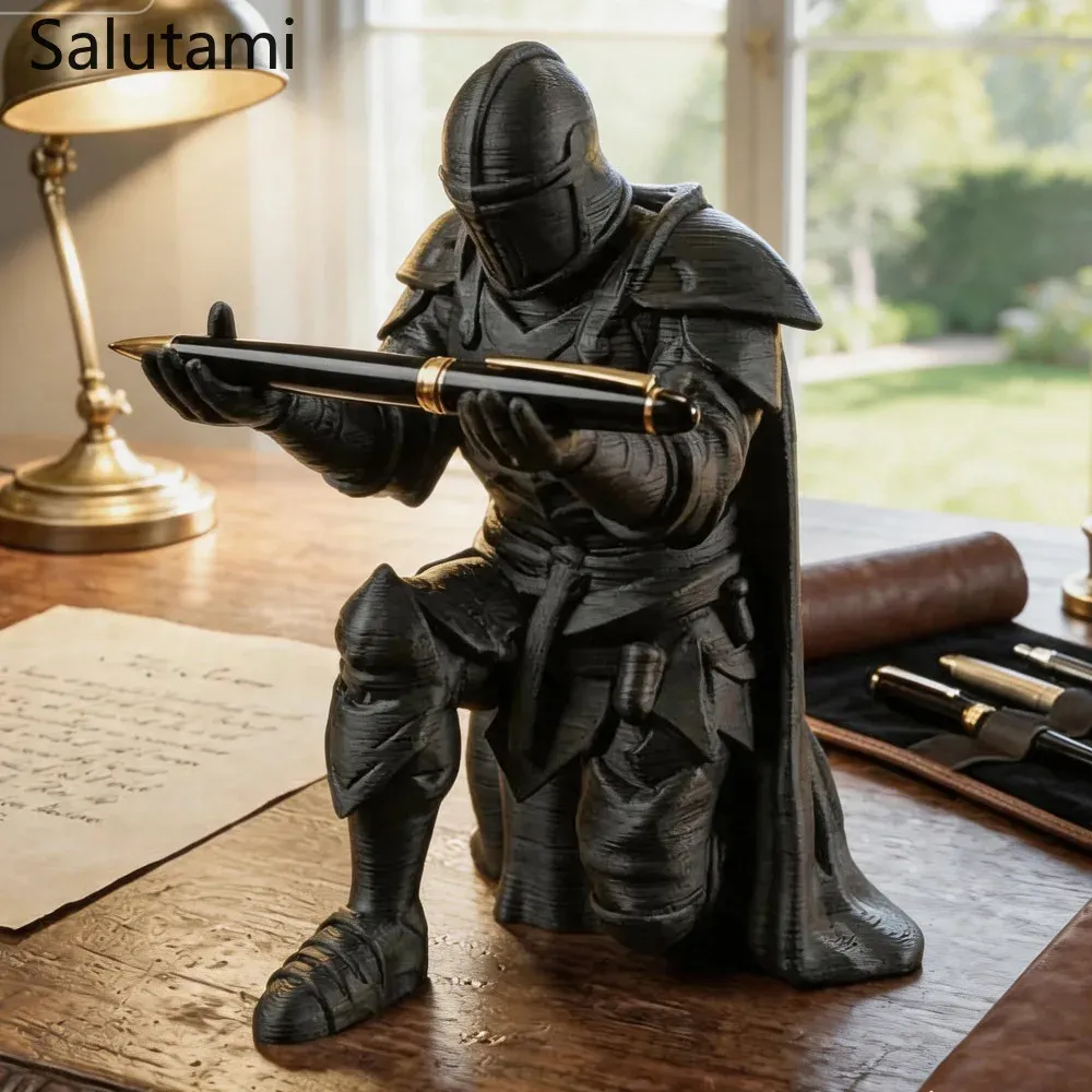 Porte-stylo chevalier médiéval imprimé en 3D, statue de guerrier noir et argenté 5