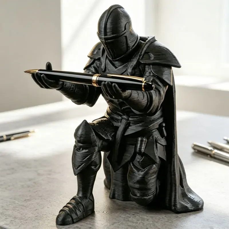 Porte-stylo chevalier médiéval, mise en situation sur bureau