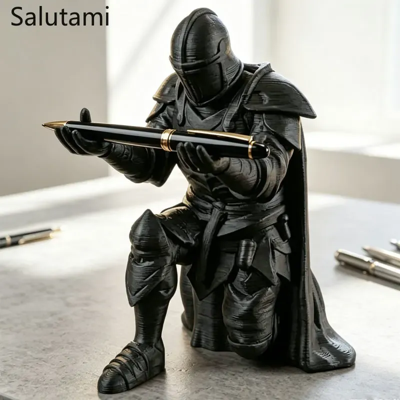Porte-stylo chevalier médiéval imprimé en 3D, statue de guerrier noir et argenté 8