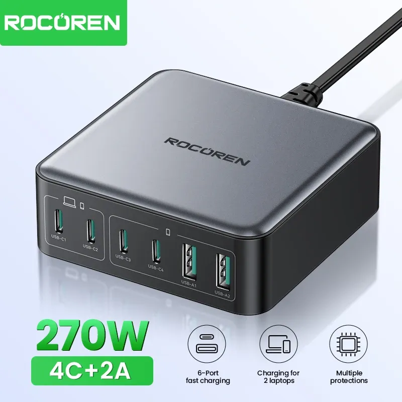 Chargeur GaN 200W Rocoren, chargeur rapide PD USB-C 270W 6 en 1, bloc d'alimentation USB-C pour iPhone 16, 15 Pro Max et Xiaomi 14 1