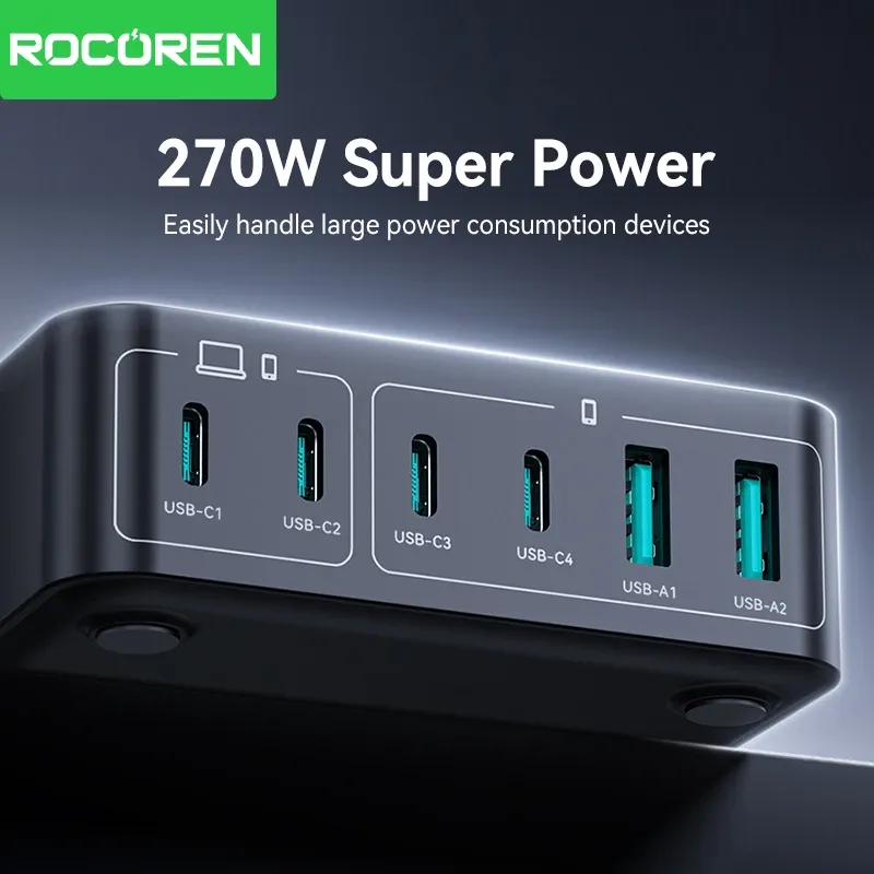 Chargeur GaN 200W Rocoren, chargeur rapide PD USB-C 270W 6 en 1, bloc d'alimentation USB-C pour iPhone 16, 15 Pro Max et Xiaomi 14 2