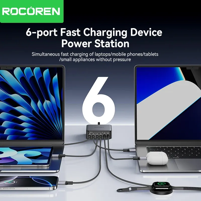 Chargeur GaN 200W Rocoren, chargeur rapide PD USB-C 270W 6 en 1, bloc d'alimentation USB-C pour iPhone 16, 15 Pro Max et Xiaomi 14 3