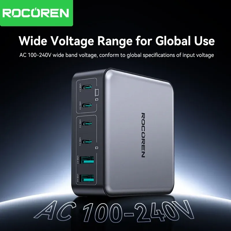 Chargeur GaN 200W Rocoren, chargeur rapide PD USB-C 270W 6 en 1, bloc d'alimentation USB-C pour iPhone 16, 15 Pro Max et Xiaomi 14 6