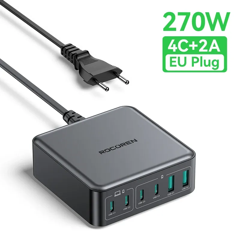 Chargeur GaN 200W Rocoren, chargeur rapide PD USB-C 270W 6 en 1, bloc d'alimentation USB-C pour iPhone 16, 15 Pro Max et Xiaomi 14 8